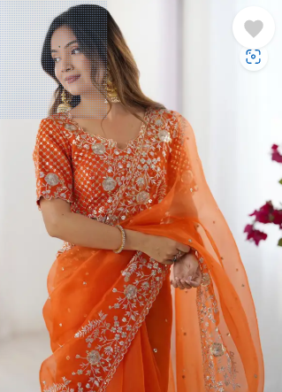 Embroidered, Embellished Bollywood Organza Saree (Orange) - Image 2