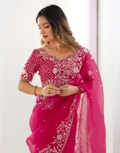 Embroidered, Embellished Bollywood Organza Saree  (Orange)