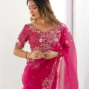 Embroidered, Embellished Bollywood Organza Saree  (Orange)