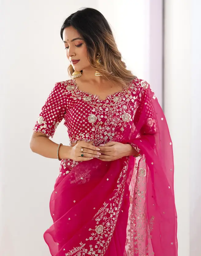 Embroidered, Embellished Bollywood Organza Saree (Orange)